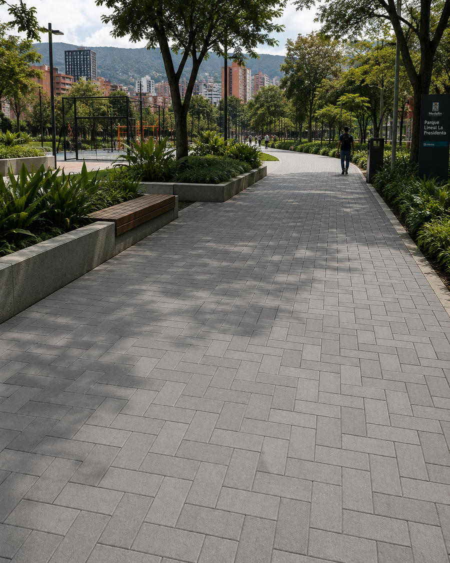 Sendero peatonal en adoquín de concreto gris dentro de un parque lineal urbano